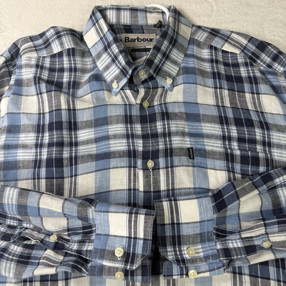 Barbour Shirt Tailored Fit Men's XL 100% Linen Long Sleeve Blue White Check